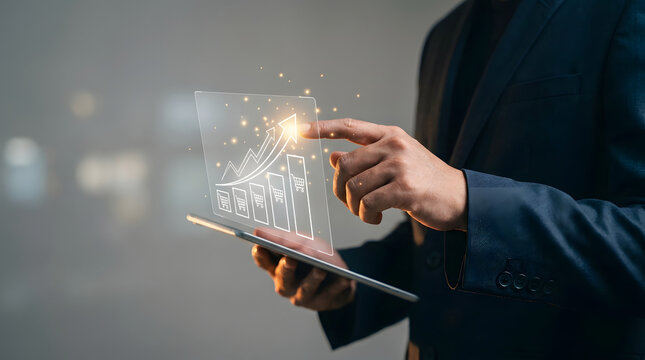 Business professional interacting with digital network interface on transparent tablet in modern office setting
