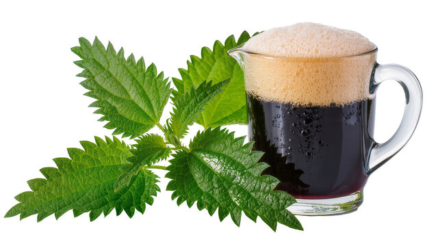 Isolated fresh green nettle leaves arranged next to a glass jug of dark frothy herbal tea beverage.
