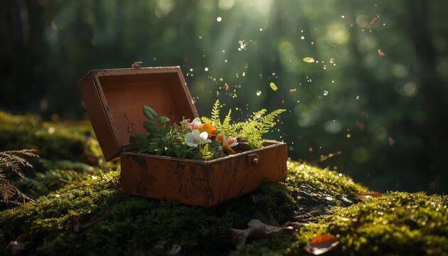 There is a small wooden box with flowers in it sitting on a moss covered ground
