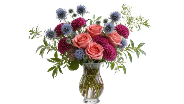 Isolated beautiful fresh cut floral bouquet with pink roses purple thistle magenta flowers glass vase.