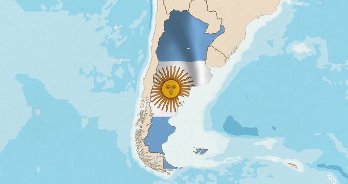 Motion graphic video of the argentina flag waving inside the country and the malvinas islands on a world map