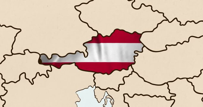 Motion graphic video of the austria flag waving inside the country on a world map