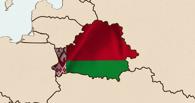 Motion graphic video of the belarus flag waving inside the country on a world map