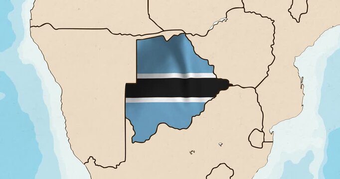 Motion graphic video of the botswana flag waving inside the country on a world map