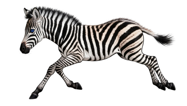 Isolated energetic baby zebra foal with captivating blue eyes captured in mid-stride