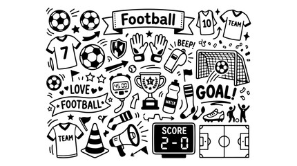 Football icons illustration featuring soccer field, jerseys, gloves, goal net, scoreboard, trophy, shoes, socks, and “Love Football” text design © Tarieq