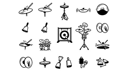 Obraz premium Percussion instruments illustration featuring drums, cymbals, bells, gong, and maracas arranged in a playful doodle-style black and white design
