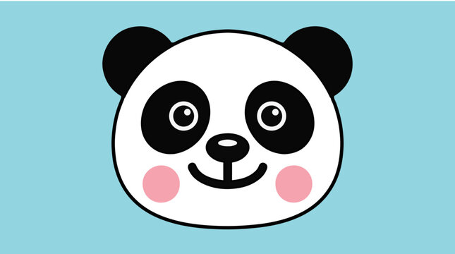 Cute panda face illustration featuring round head, black ears, big eyes, pink cheeks, and smiling expression on blue background
