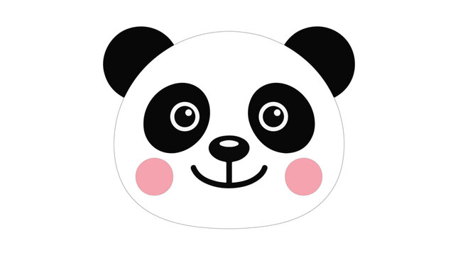 Cute panda face illustration featuring round head, black ears, big eyes, pink cheeks, and smiling expression on blue background