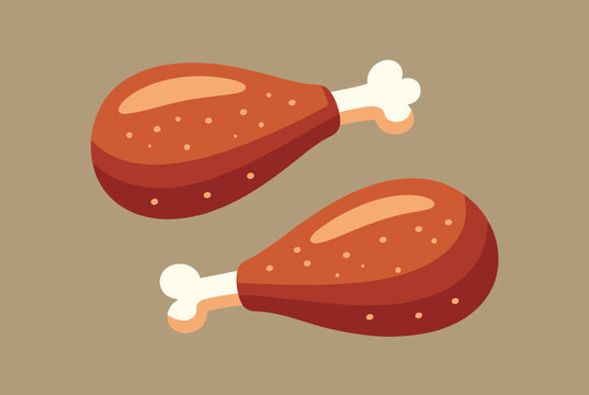 Pair of roasted chicken drumsticks with textured skin and white bones isolated on a brown background for restaurant menu illustrations.