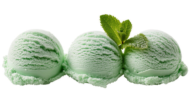 Isolated three scoops of delicious mint ice cream with fresh green leaves, a cool dessert