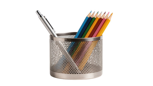 Isolated metal pen holder with one pen and many sharp colorful pencils, stationery items.