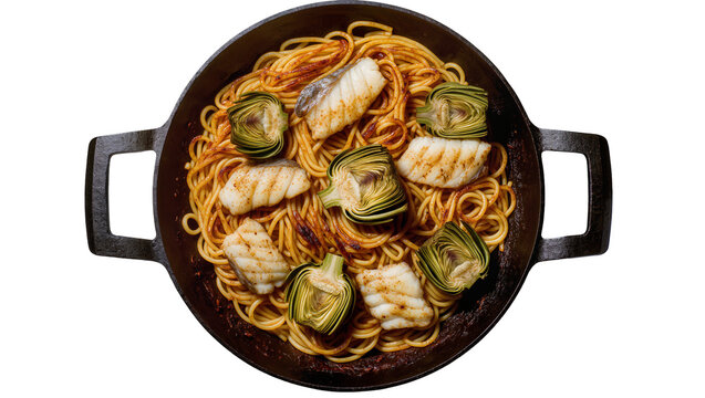 Isolated skillet pasta dish featuring grilled white fish fillets and fresh artichoke hearts.
