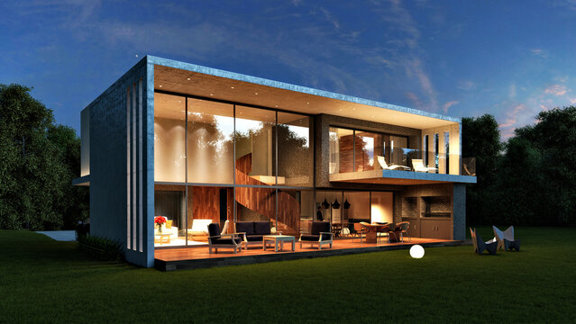 Illuminated contemporary house seen through wide glass frontage