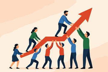 Obraz premium Teamwork and growth concept with a group of people in business attire collectively pushing a large red arrow upwards on a light background.