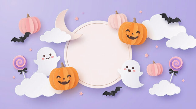 Halloween pumpkins and ghosts decoration on pastel purple background flat lay top view