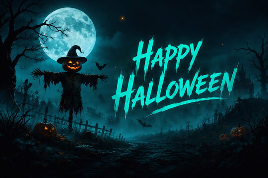 Halloween Silhouette with Jack-o'-Lantern Against Full Moon in Spooky Night Scene