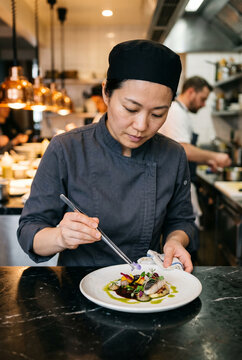 Femme chef cuisini&egrave;re dressant avec pr&eacute;cision une assiette gastronomique dans un restaurant