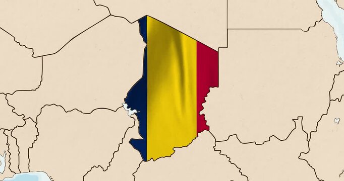 Motion graphic video of the chad flag waving inside the country on a world map