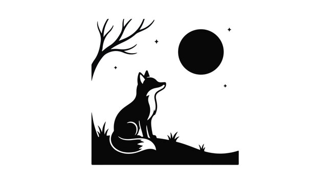 black silhouette of a wolf sitting under a tree at night