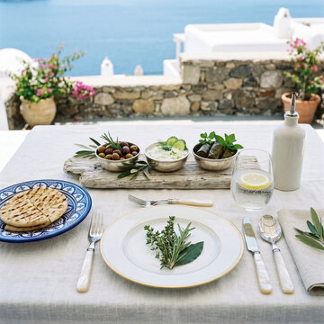 Table de d&eacute;jeuner traditionnel face &agrave; la mer m&eacute;diterran&eacute;e