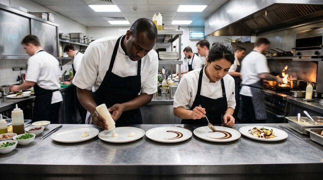 Brigade de cuisine pr&eacute;parant des assiettes dans un restaurant gastronomique