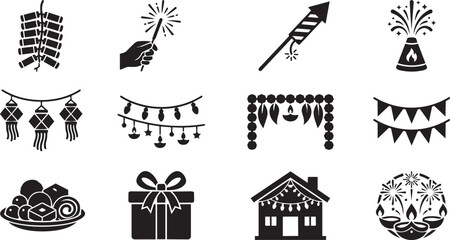 Fototapeta premium Black and white Christmas icons, festive holiday symbols, 12 decorations, gift, food, party