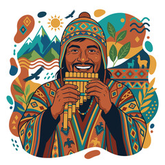 Obraz premium Andean Musician Playing Pan Flute in Traditional Attire