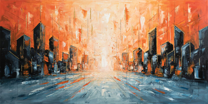 Vibrant Orange Modern Cityscape Abstract Oil Painting