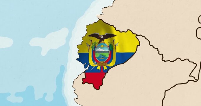 Motion graphic video of the ecuador flag waving inside the country on a world map