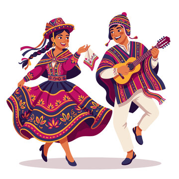Peruvian couple in traditional attire dancing and playing music