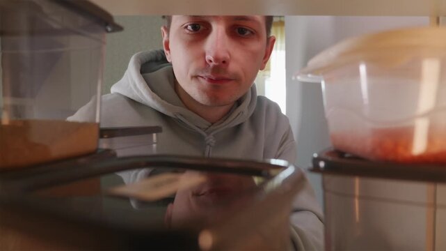Young man looking for grain containers inside a kitchen cupboard