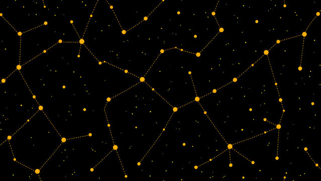 Seamless pattern of yellow dotted lines connecting bright gold circular stars forming abstract constellations against a deep black cosmic background.