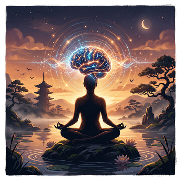 M&eacute;ditation spirituelle avec cerveau lumineux symbolisant la pleine conscience