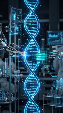 Double h&eacute;lice d&rsquo;ADN num&eacute;rique dans un laboratoire de biotechnologie futuriste