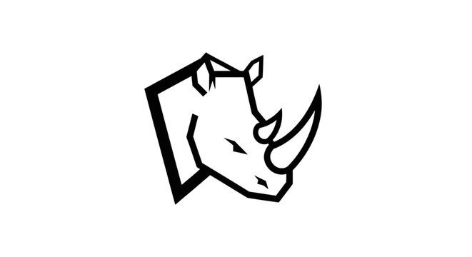 Geometric rhinoceros head profile logo in black and white.