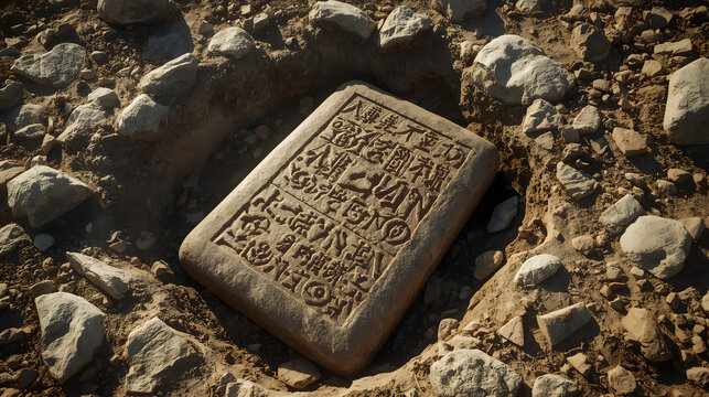 An ancient cuneiform tablet discovered partially buried in dry, rocky soil, revealing intricate carved symbols.