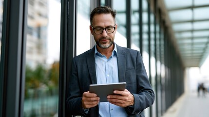 Fototapeta premium A man wearing glasses and a suit is looking at a tablet while standing near glass in an urban setting