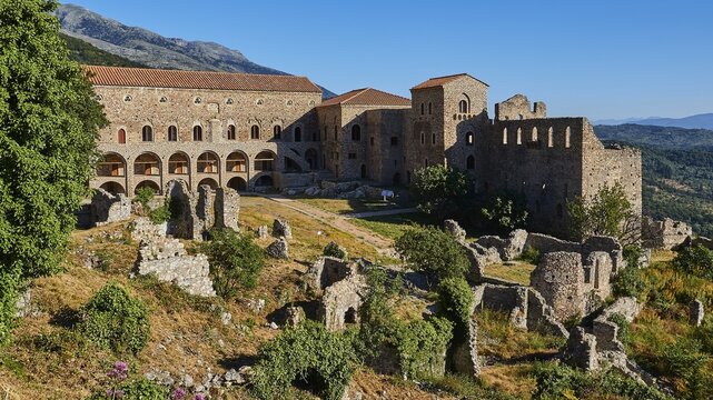 Byzantine palace, despot's palace, ruins in hilly landscape, bright blue sky in the background, Mystras, Mistra, UNESCO World Heritage Site, Medieval Byzantine ruined city, northwest of Sparta, foothills of the Taygetos Mountains, Peloponnese, peninsula, Greece