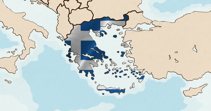 Motion graphic video of the greece flag waving inside the country on a world map
