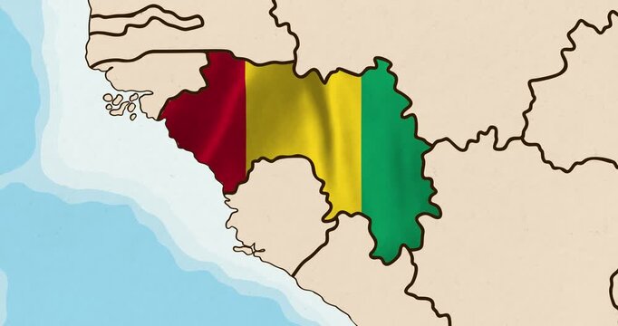 Motion graphic video of the guinea flag waving inside the country on a world map