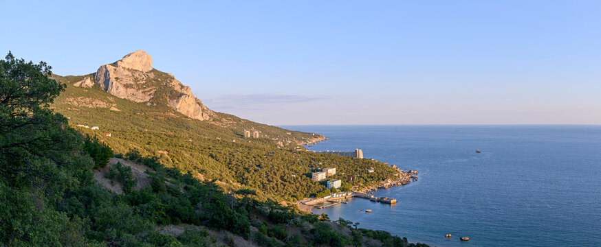 Panorama of coastline towards mountain Ilyas-Kaya in Crimea, Russia.