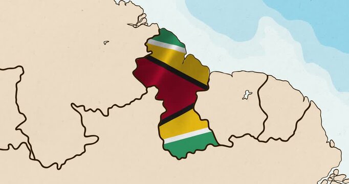 Motion graphic video of the guyana flag waving inside the country on a world map