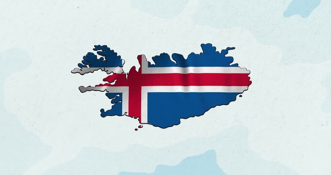 Motion graphic video of the iceland flag waving inside the country on a world map