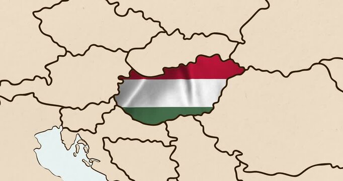 Motion graphic video of the hungary flag waving inside the country on a world map