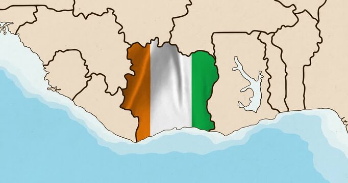 Motion graphic video of the ivory coast flag waving inside the country on a world map