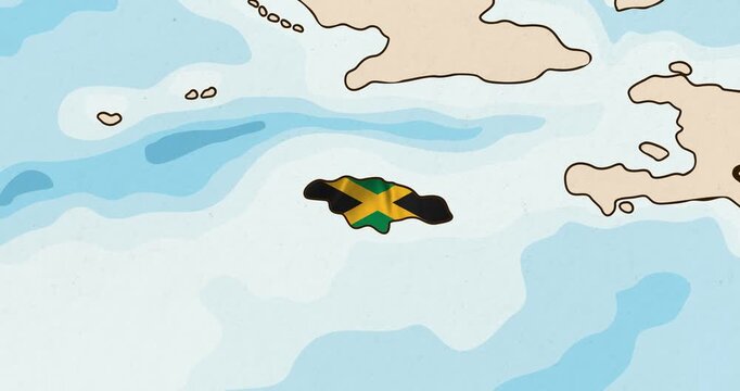 Motion graphic video of the jamaica flag waving inside the country on a world map