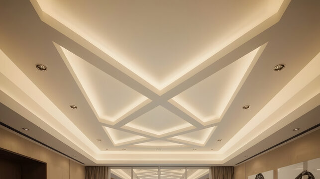 Modern geometric ceiling design with warm cove lighting and recessed spotlights.
