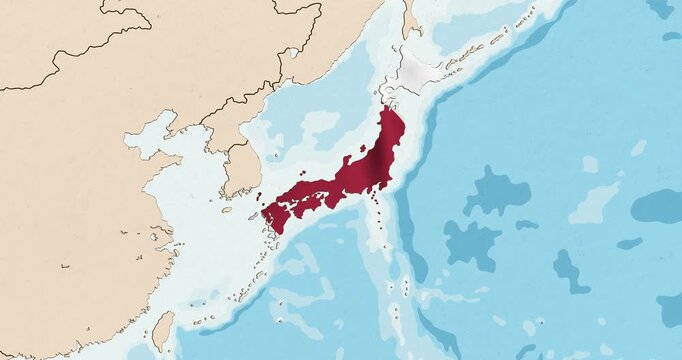 Motion graphic video of the japan flag waving inside the country on a world map