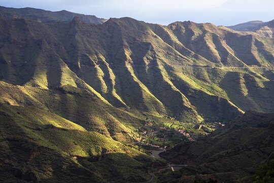 Mountain landscape. View from the Mirador Degollada de Peraza to the north into the Barranco de Las Lajas. La Gomera, Canary Islands, Spain